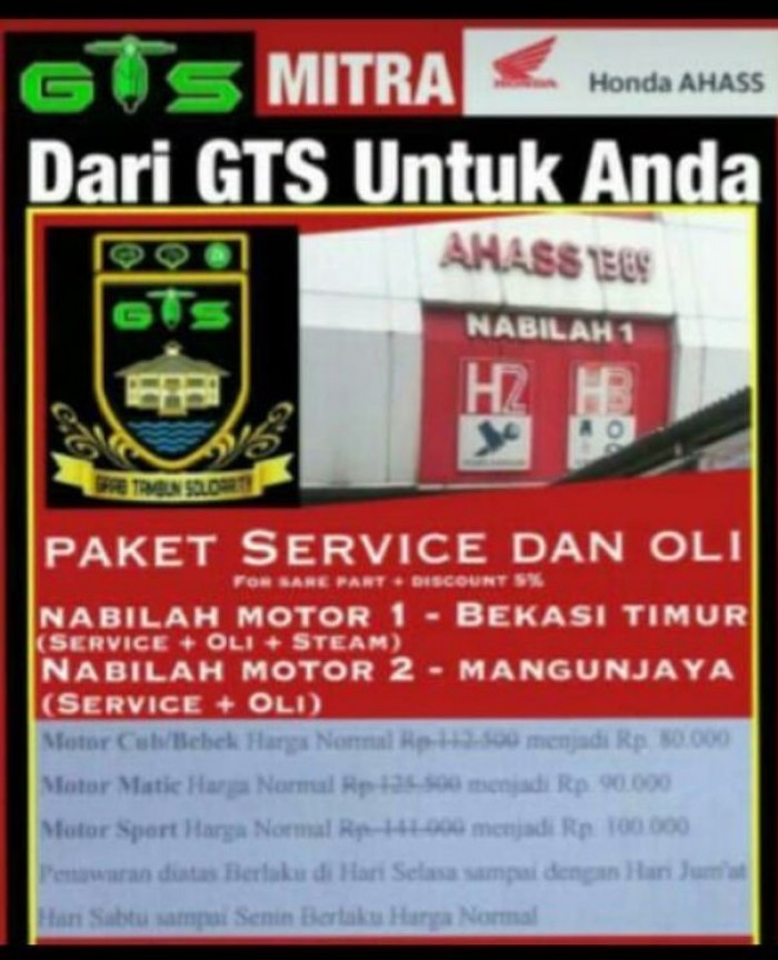 Kerjasama GTS dengan Bengkel Honda AHASS untuk Seluruh OJOL BEKASI